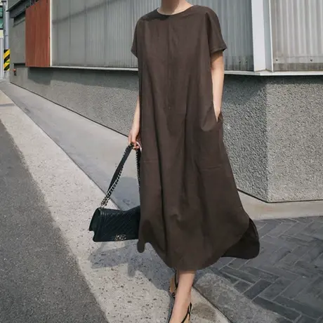 夏装新款短袖连衣裙女过膝长款侧开叉前短后长时尚宽松大码裙子潮图片