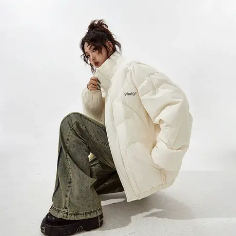 美式复古立领棉服女2023新款冬季加厚外套潮牌宽松面包服绗棉棉衣商品大图