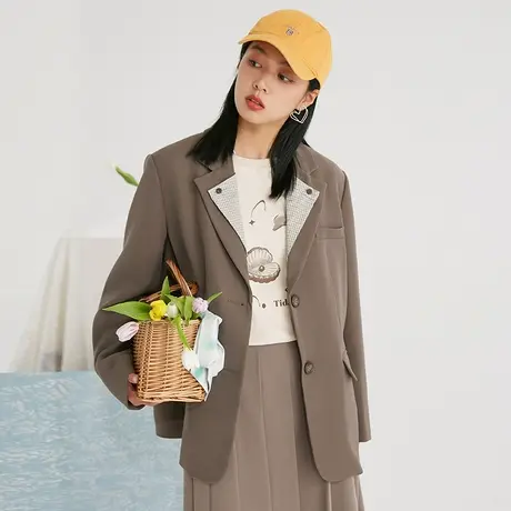 omont蛋挞家 复古宽松绿色西装外套女春秋薄款设计感休闲西服新款图片