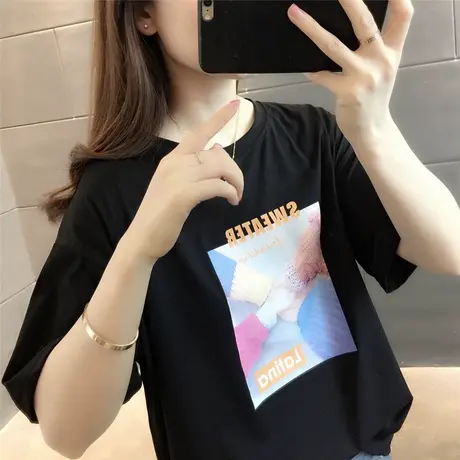 韩版夏季薄款圆领短袖T恤女宽松印花字母卫衣休闲运动上衣打底衫图片