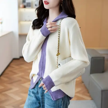 立领拼色毛衣外套女秋装2023年新款宽松加厚拉链开衫长袖针织上衣图片