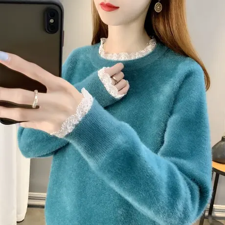 蕾丝圆领毛衣女水貂绒加厚打底衫2023秋冬新款宽松针织衫内搭上衣商品大图