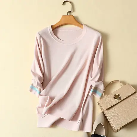 春夏2024年新款冰丝针织打底衫女毛衣内搭七分袖上衣宽松短袖t恤商品大图