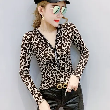 2024春秋新款时尚豹纹T恤女长袖性感V领拉链上衣修身百搭打底衫潮商品大图