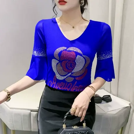 荷叶边七分袖T恤女夏季2024新款气质薄款网纱小衫性感V领烫钻上衣图片