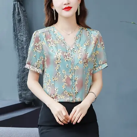 2023夏季新款碎花雪纺衬衫短袖女上衣时尚百搭V领别致洋气女衣服商品大图