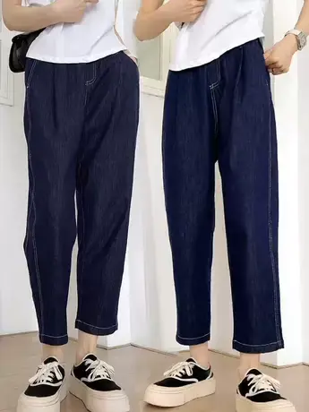 夏季新款薄款萝卜哈伦牛仔裤女2023大码阔腿老爹裤九分镰刀裤子潮商品大图