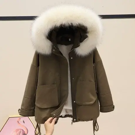 小个子卡其色工装派克棉服2023新款女修身显瘦洋气加绒棉袄冬季潮商品大图