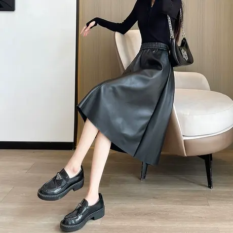 黑色高腰pu皮半身裙女2023秋冬新款中长裙松紧腰百搭显瘦a字伞裙图片