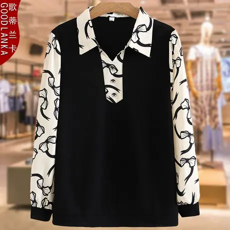 40-50岁中年妈妈秋装时尚打底衫大码宽松洋气撞色拼接长袖T恤上衣商品大图