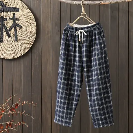 枫谜2022秋冬新款休闲复古格纹松紧腰韩版百搭格子休闲裤商品大图