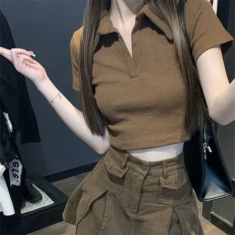 辣妹甜飒风短袖T恤女夏装韩版修身百搭短款半开POLO领半袖上衣潮图片