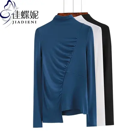 秋冬新款半高领纯棉修身薄绒T恤长袖女上衣打底衫纯色不规则体恤图片