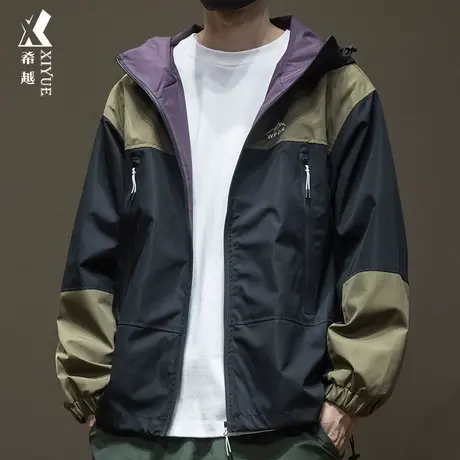 希越户外登山软壳高级感男拼接撞色连帽外套秋冬宽松大码工装夹克商品大图