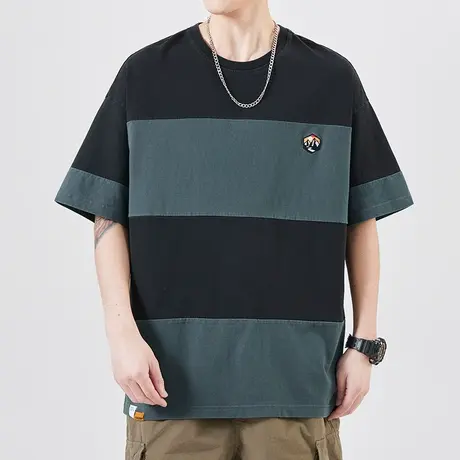 纯棉撞色拼接条纹t恤男士夏季圆领体恤男装短袖上衣男款2024新款图片