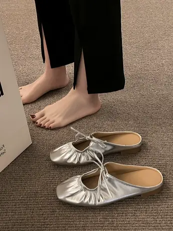 银色玛丽珍鞋2023小众设计感折皱系带平底包头法式半拖鞋女夏外穿商品大图