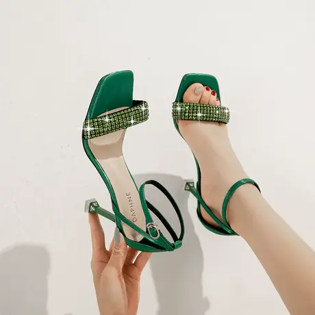 2024年夏季新款方头水钻高跟鞋女细跟法式气质百搭一字带时装凉鞋商品大图