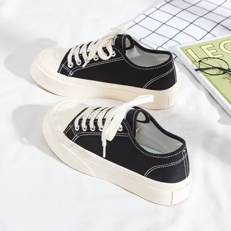 黑色帆布鞋女2021春季新款韩版ulzzang百搭学生休闲复古厚底布鞋商品大图