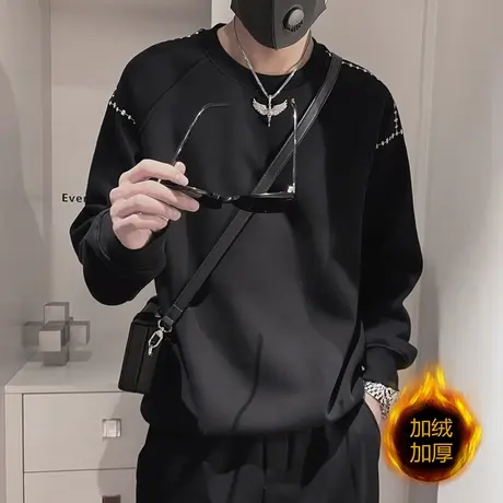 宽松明线设计感加绒卫衣男秋冬2023新款潮牌潮流加绒保暖内搭上衣商品大图