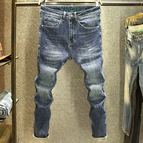 高端蓝色水洗牛仔裤男款潮牌修身小直筒裤子潮流百搭刺绣弹力长裤商品大图