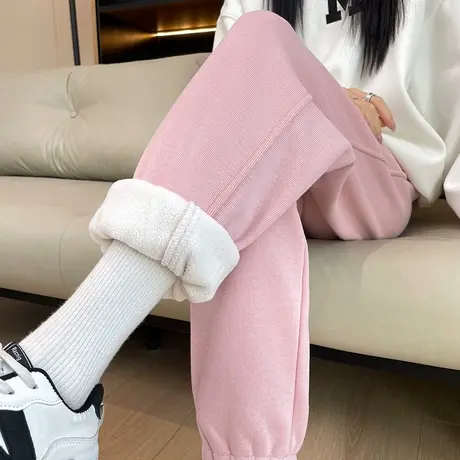 粉色运动裤女秋冬新款高腰显瘦小个子束脚卫裤加羊羔绒九分哈伦裤图片