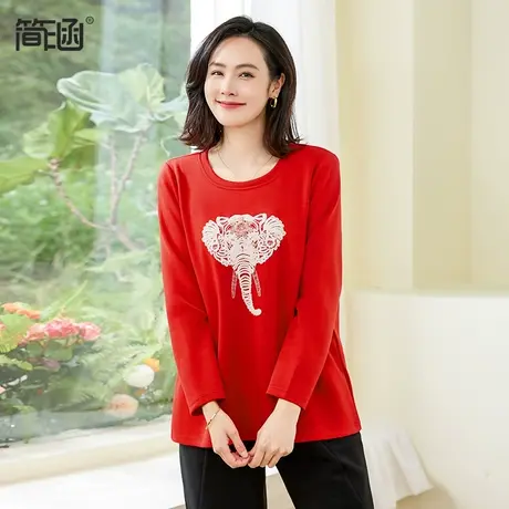 简涵大码红色卫衣本命年2024春季新款圆领绣花宽松套头衫商品大图
