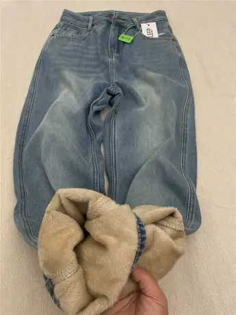 复古蓝色加绒加厚直筒牛仔裤女2024秋冬宽松垂感阔腿裤拖地裤保暖图片