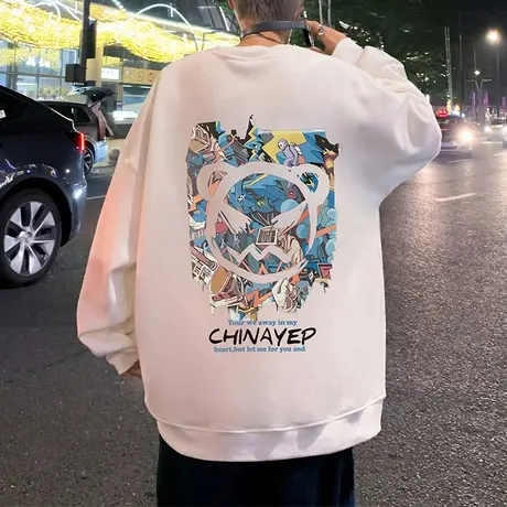 高街美式卫衣男春秋季2024新款套头卡通印花圆领oversize加绒加厚图片