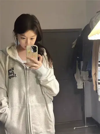 美式复古oversize卫衣女秋冬季小个子高级感加绒加厚连帽开衫外套图片