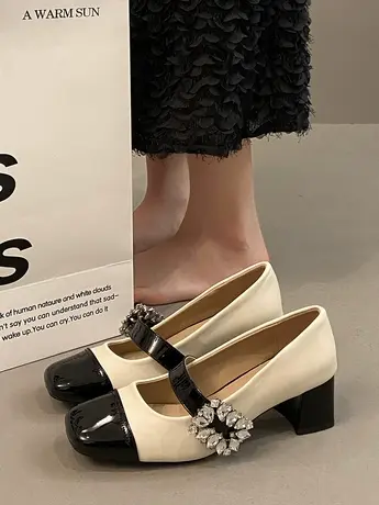 法式小香风粗跟单鞋女秋2024新款银色玛丽珍女鞋一字带水钻高跟鞋图片