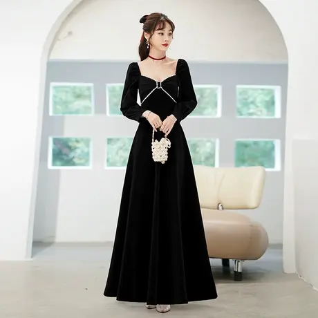 晚礼服女2023新款平时可穿气质宴会黑色丝绒高级感年会冬季连衣裙商品大图