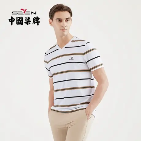 【清仓】柒牌男装短袖T恤2021男士夏季休闲时尚中青年V领条纹体恤图片
