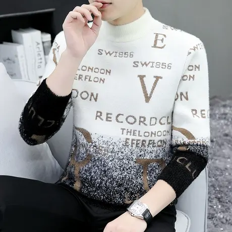 水貂绒毛衣男士半高领冬天加绒加厚渐变色保暖衣服羊毛衫青年冬季商品大图