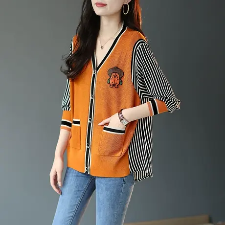 宝诗黎V领条纹拼接新款春装针织开衫女宽松2024打底长袖口袋上衣商品大图