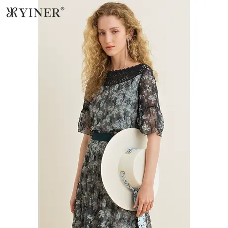 YINER音儿女装夏季收腰印花蕾丝雪纺衫商品大图