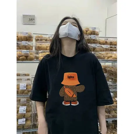 纯棉重磅美式复古小熊短袖t恤女夏季宽松设计感港味chic半袖上衣商品大图