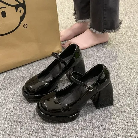 法式玛丽珍鞋女2024新款春季方头超高跟复古jk小皮鞋漆皮粗跟单鞋商品大图