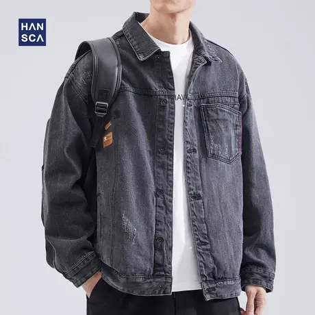 hansca黑色牛仔夹克外套男2022秋冬款青少年潮牌宽松复古休闲上衣商品大图