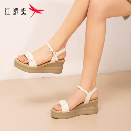 红蜻蜓厚底凉鞋女款夏季2023新款女士一字带坡跟外穿沙滩高跟鞋女商品大图