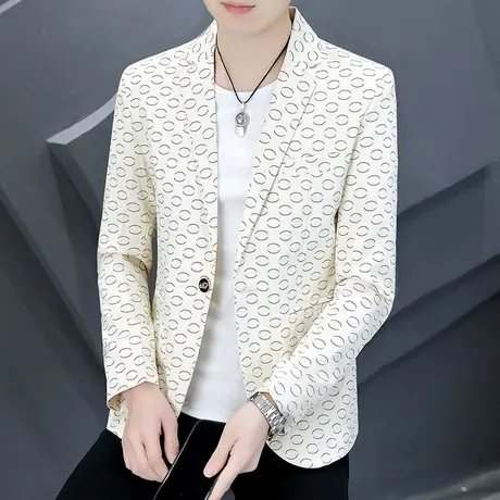 西服外套男2023春季新款设计感时尚印花男装帅气韩版修身小西装潮商品大图