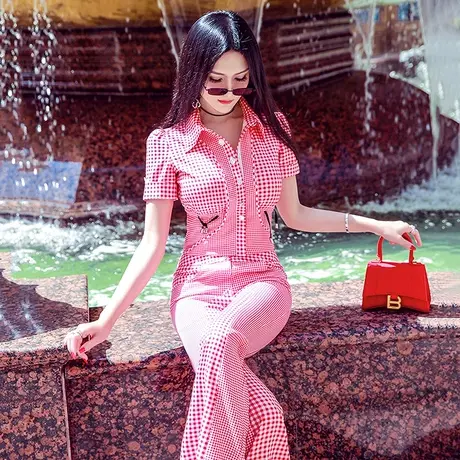 VJE夏季帅气减龄拼接套装新款时尚修身短袖衬衫喇叭裤两件套商品大图