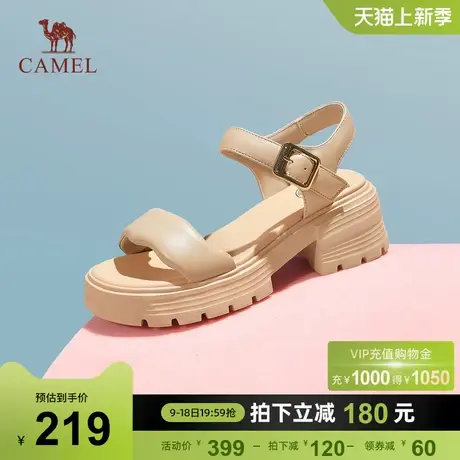 骆驼凉鞋女2023夏季新款羊皮一字带凉鞋女粗跟露趾厚底时装凉鞋女图片