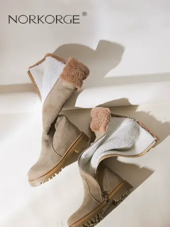 2023新款冬复古杏色长筒雪地靴马丁靴圆头舒适高筒靴保暖防滑增高商品大图