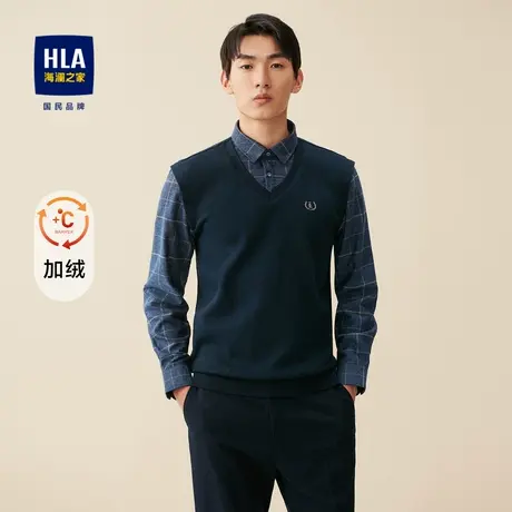 HLA/海澜之家双领保暖背心针织衫冬季胸前字母刺绣内里加绒毛衣男商品大图