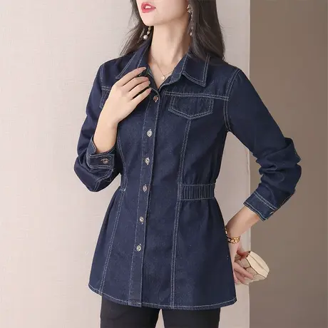 伊自尚牛仔衬衫外套大码宽松遮肉显瘦2023年秋装韩版收腰a字上衣商品大图