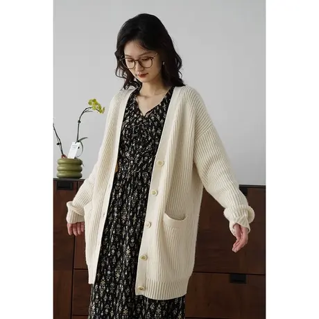 嘉茱莉2023秋季新款羊毛毛衣开衫外套女慵懒风羊毛针织开衫中长款图片