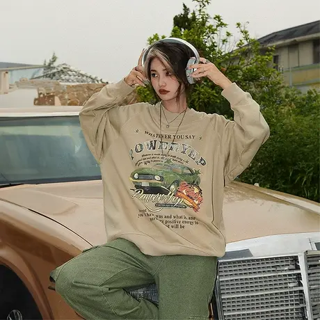 YEP美式卫衣女圆领薄款复古宽松印花春秋上衣2023新款爆款外套潮商品大图