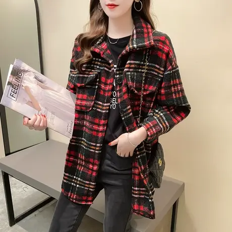 2023秋冬新款拼色毛绒衬衫女中长款格子加厚长袖百搭毛呢衬衣外套图片