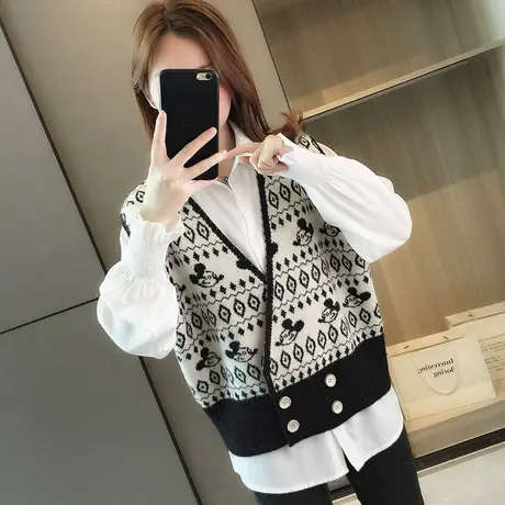 秋装新款针织衫马甲背心洋气无袖毛衣春秋上衣女士卡通宽松马夹图片