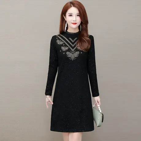 漂亮女上衣2023冬季新款烫钻连衣裙女时尚保暖加绒中长款打底衫女商品大图